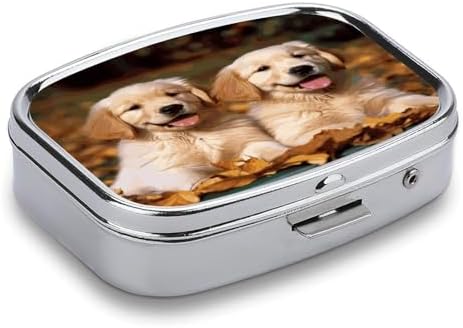 Golden Retriever Dogs Puppies Pets Pill Cases Portable Small Metal Medicine Box 2 Compartments Square Travel Medicine Case Daily Vitamin Organizer Box for Fish Oils Vitamins Supplements