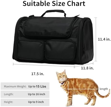 FUKUMARU Cat Carrier, Airline Approved Dog Carrier with Rollable Cover | Breathable Soft Cat Carrier, Multiple Doors & Storage Pockets Cat Travel Bag, Durable Pet Carrier for Cat Under 15 lb, Black