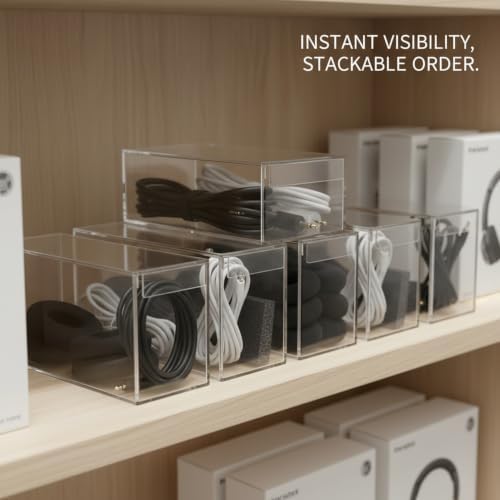 Stackable PET Storage Box, Rigid Clear Organizer for Cables & Small Items, Durable Transparent Container, 13 x 3.3 x 1.6 Inches