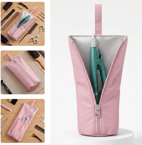 Xinjoduz 1 PCS Holder & Mat for Hot Tools, Curling Iron Flat Iron Heat Resistant Hot Hair Tools Organizer Travel Bag Case, Mini Straightener Makeup Brush Holder Ideal for Home, Travel, Gift (Pink)