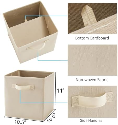 MAX Houser 6 Pack Foldable Fabric Storage Bins with Dual Handles, Beige | 6 pack cloth storage bins with dual carry handles, Foldable Storage Cubes Organizer Baskets, ideal for home bedroom closet