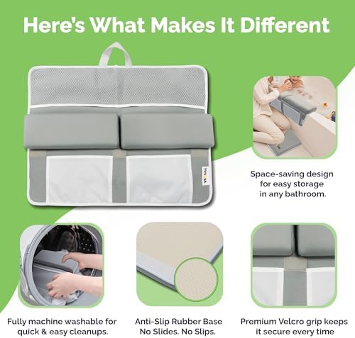 Wobbi Baby Bath Kneeler and Elbow Rest Pad Set | Extra Thick Memory Foam Support for Comfortable Bath Time | Non-Slip Suction Base | 4 Storage Pockets & Quick-Dry Design for Parents | Gray
