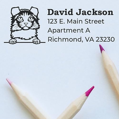 Peeking Kinkalow Cat Wood Handle Address Stamp - 4 Line Custom Imprint | Nothing to dry out. Address Stamp with Kinkalow Cat. Custom Address Stamp for Animal Lovers. 7/8 by 2-1/4 inch imprint.