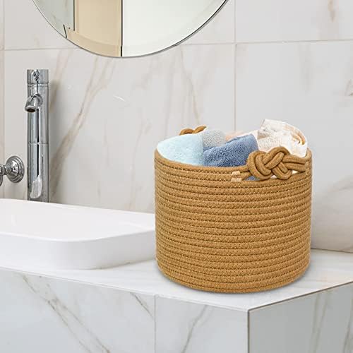 ABenkle Small Woven Basket, Cotton Rope Shelf Storage Basket, Small Round Basket, Cute Basket, Decorative Round Bin for Nursery Bedroom Bathroom, 9.4" x 9.4"x 7.1" Empty Gift Basket- Brown