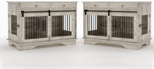Dog Furniture Crate, 47" Large Dog Crate Furniture w/ 2 Storage Draws & Removable Divider for Large/Medium/Small Dogs (Grey, Double Cage)