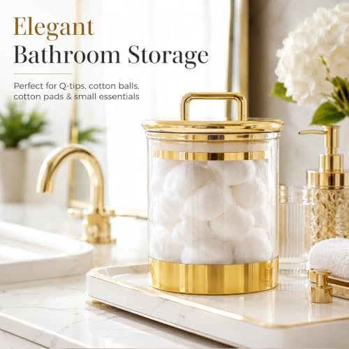 Acrylic Storage Jar with Gold Lid – Airtight Clear Canister for Bathroom & Kitchen | Qtip Holder, Cotton Pad Jar, Candy & Snack Container, Vanity Organizer for Small Essentials 4.8"