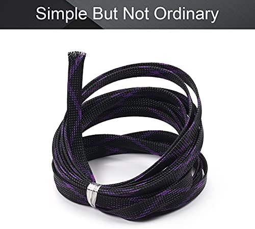 Bettomshin 1Pc 16.4Ft(5m) Cable Management Sleeve, 1/2"(12mm) Width PET Black & Purple Cord Protector, Wire Loom Tube Insulated Split Sleeving for USB Cable Power Cord Organizer Video Cable Hider