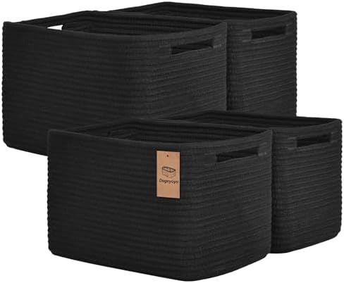 Storage Baskets for Organizing, 4 Pack Baskets for Shelves, Decorative Storage Bins for Shelves, Cotton Rope Storage Basket with Handles, Woven Basket for Storage, 13''Lx8.7''Wx7.9''H, Black
