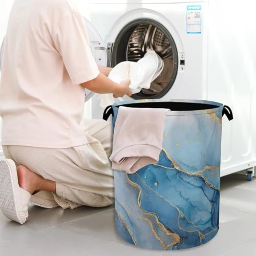 Blue Gold Marble Laundry Basket,Foldable with Handles Tote Bag Oxford Cloth for Bathroom Bedroom Dirty Clothes Storage Bucket 16" x 20.8"