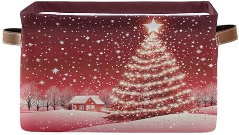 Christmas Tree Red Storage Basket with Waterproof Liner and PU Handles Xmas Winter Snow Scene Storage Bins Boxes 14.2" Collapsible Decorative Organizer Baskets for Bedroom Closet Office 1 Pack