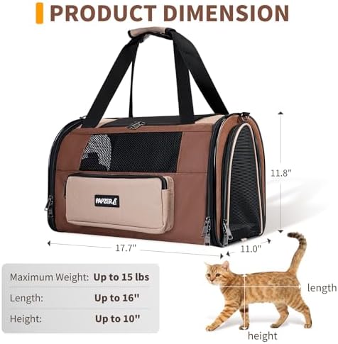 Collapsible Small Pet Carrier for Cat 15 lbs with Fashion Pocket Travel Bag | Lightweight Sturdy Little Puppy Dog Carry Crate, Breathable Stylish Kitten Soft Cage Kennel, Portable Yorkie Box Khaki