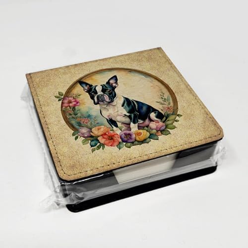 Caroline's Treasures Boston Terrier and Flowers PU Leather Note Paper Holder with Artist-Designed Cover, Desk Accessory, Office Gift