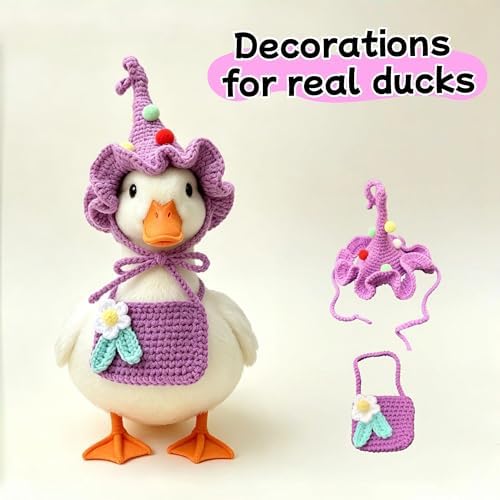 Handmade Crochet Hat & Bib Set for Call Duck - Soft Adjustable Knit Outfit with Flower Decoration, Cute Clothes for Pet Duck, Photo Prop & Daily Wear, Purple