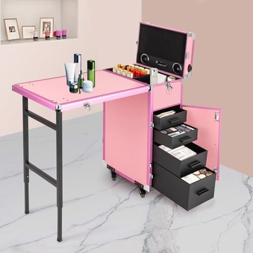 Professional Cosmetic Trolley Storage Organizer, Foldable Nail Tables w/ 4 Drawers Mirror&Speaker for Hair Stylists Pet Groomers Makeup Artists Technician Workstation Salon
