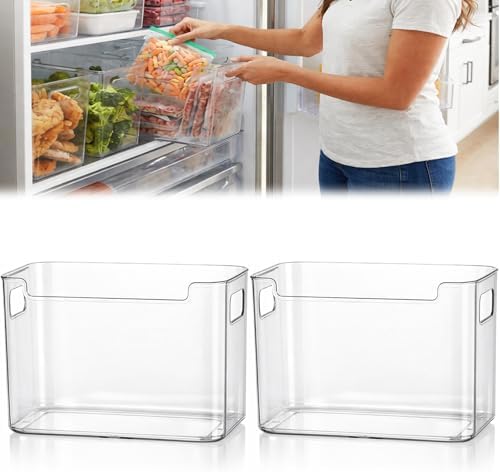 Crystal Clear Freezer Storage Bins, Clear Plastic Bins Stackable Pantry Drawer Plastic Organizers Containers with Handle for Refrigerator Fridge Cabinet Kitchen Countertops Cupboard (Clear L, 2Pcs)