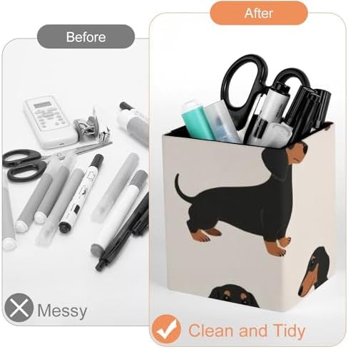 Women's Makeup Brush Cup Desktop Stationery Organizer Cartoon Dachshund Weiner Dog Pet Dogs Leather Pen Holder