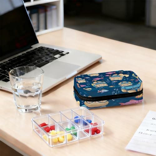Weekly Pill Organizer Travel Size Bag with Removable 7 Day Pill Box Portable Vitamin Case Purse with Zipper,Scuba Cat Underwater with Fish