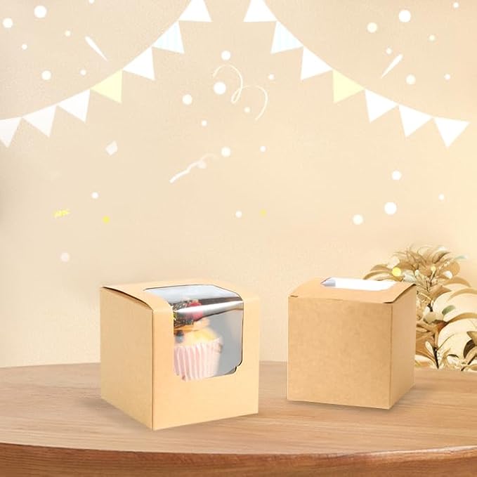 25 Pcs Single White Cupcakes Containers Gift Boxes with Window Inserts Handle for Wedding Candy Boxes (25P-Brown)