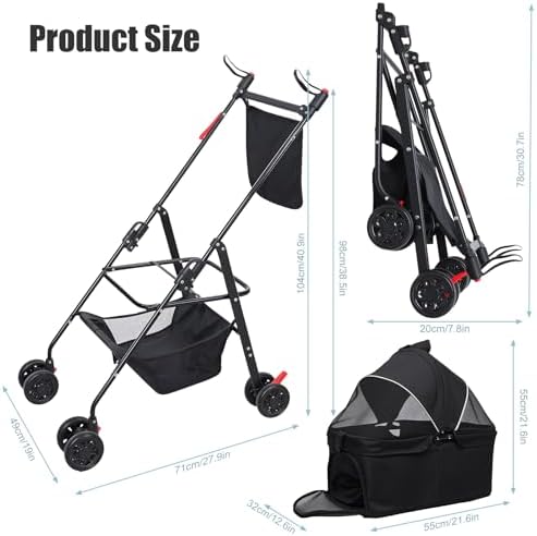 Foldable Pet Stroller with Light Barrier, 3 Wheels Dog Cat Pet Stroller for Small/Medium Dogs Cats, Foldable Portable Compact Jogge Strollers with Storage Basket, Removable Light Grey