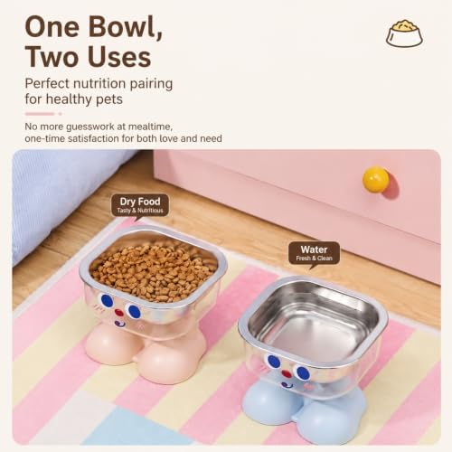Elevated Pet Bowl Set, Double Stainless Steel Feeding Station for Cats & Small Dogs, Ergonomic Raised Food and Water Feeder with Anti-Spill Guard, Minimalist Design(Pink)