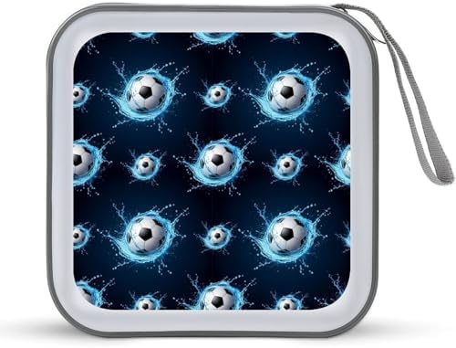 Portable CD/DVD Holder Ice Water Soccer Football, 40-Capacity Hard Case with Zipper, Protective Storage Binder for Music Movies Game Discs