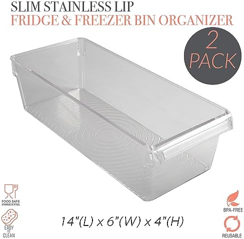 Kitchen Details 2 Pack Slim Refrigerator Storage Bin | Fridge & Freezer | Kitchen Organization | Stainless Steel Handle | Countertop | Cabinets | Pantry | Clear
