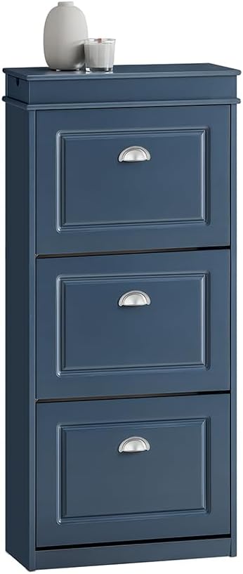 Haotian Shoe Cabinet with 3 Flip Drawers | Freestanding Shoe Rack for Entryway, Shoe Organizer with Hidden Drawer, Navy Blue, FSR94-B