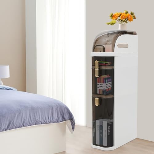 Narrow Slim Storage Cart Bathroom Floor Cabinet with 4 Wheels Bathroom Slim Plastic Storage Cabinet with Clear Drawers & Toilet Paper Holder for Small Spaces Kitchen Laundry (3 Drawers)