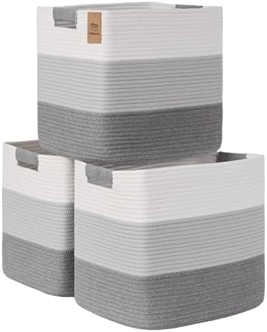 15×13 Inch Storage Cubes, 3 Pack Cube Storage Bins for Organizing, Cotton Rope Woven Baskets for Shelves, Bathroom, Kids Room, Closets, Baby Nursery