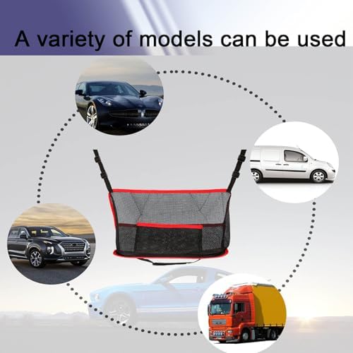 Car Net Pocket Handbag Holder, Organizer Mesh Bag Between Front Seats, Driver Storage Netting Pouch for Handbag Purse, Universal Car Accessories for Women and Men, Pet/Kids Car Barrier (Red)