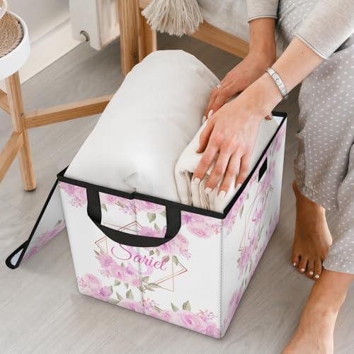Pink Floral Storage Bin with Lid Personalized Storage Baskets for Organizing Foldable Closet Organizers with Handles,Cute Basket for Boys Girls for Clothes Blanket Pet Dog Toy Basket Storage (1 Pack)