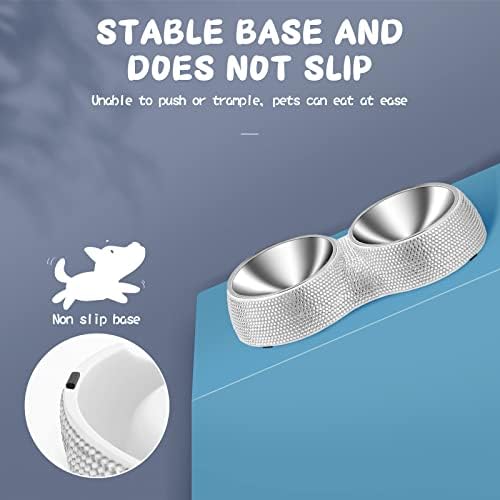 eing Dog Bowls Double Dog Water and Food Bowls Stainless Steel Bowls with Non-Slip Resin Station and Bling Rhinestones, Pet Feeder Bowls for Puppy Medium Dogs Cats Puppy Pets,White