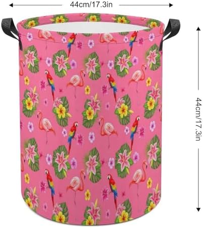 Portable Laundry Hamper with Handles Flamingos Flower Parrot Palm Pink Summer Holiday, Foldable Waterproof Clothes Basket for Bedroom, Nursery, and Bathroom Storage