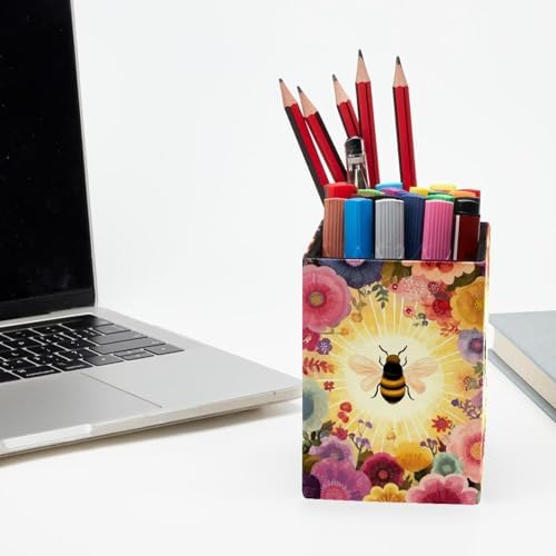 Bee Pen Holder for Desk Decor, Rectangular PVC Leather Pencil Cup for Desk Pen Organizer, Makeup Brush Holder for School, Home, Office