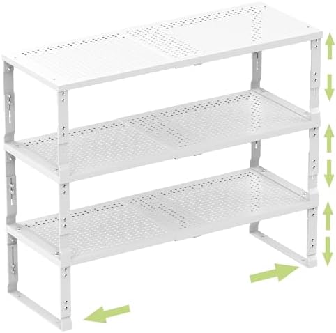 Heavy-Duty Adjustable Metal Shelf Organizer - Expandable & Stackable Pantry Storage Rack for Kitchen, Bathroom, RV, Cabinets(3 Packs/White, Large)