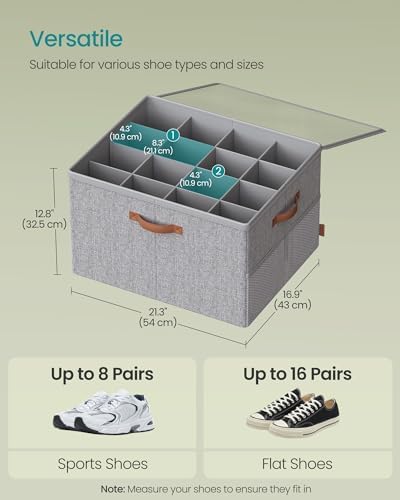 SONGMICS Shoe Organizer for Closet, 2 Pack Fabric Bins, Fits up to 32 Pairs | Shoe Storage Box with Adjustable Dividers, Transparent Lid, Storage Compartments, Dove Gray, TINA Collection ULSP556G01