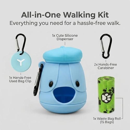 Dog Poop Bag Holder with Hands-Free Used Bag Clip & 1 Roll Bags | Cute silicone design with leash attachment and hands-free clip, making dog walking cleaner and more convenient outdoors
