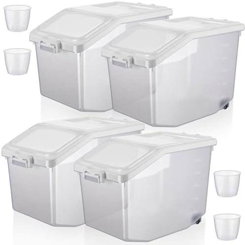 Sunnyray 4 Pcs Rice Storage Container 27.5 lb Airtight Flour Container with Wheels Measuring Cup White Pet Food Dog Cat Birds Food Bin Grain Cereal Organizer Box for Dry Baking Supplies