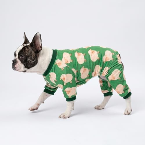 Fitwarm Funny Sheep Dog Pajamas, Warm Winter Dog Clothes for Small Dogs Boy Girl, Cozy Pet Onesie with Feet, Green, White, XXL