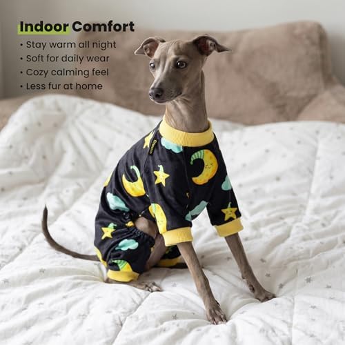 Fitwarm Moon and Stars Dog Fleece Pajamas, Cozy Winter Clothes for Small Dogs Boy Girl, Funny Pet Outfit, Black, Yellow, Small