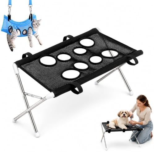 2-in-1 Foldable Pet Grooming Bed, Pet Shower Hammock with Stand (Black) | Dog Washing Hammock, Dog Bath Chair, Quick Dry Mesh Table, Secure Support Strap, Multifunctional Holder for Bathing, Haircuts