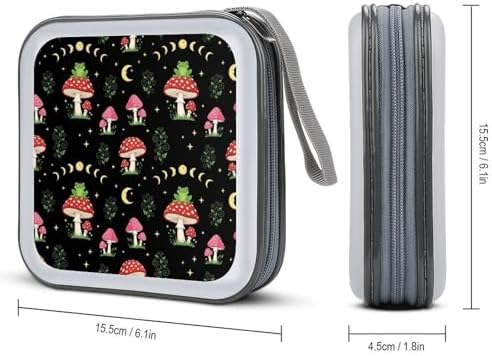 40-Disc CD/DVD Protective Case Frog Mushroom, Hard Plastic Binder with Zipper, Portable Storage Organizer for Travel Office