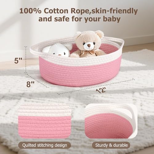 Small Woven Basket, 12" x 8" x 5" Gift Basket Empty with Ribbon and Gift Bag, Rope Basket for Baby Shower, Holiday Presents,Storage Basket with Handle for Nursery,Pet Toy Basket (White-Pink)