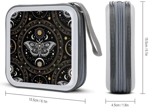 Hard Plastic CD/DVD Organizer Gothic Witchy Sun Moon Mushroom Moth, 40-Disc Storage Binder with Zipper, Portable Protective Case for Car Office