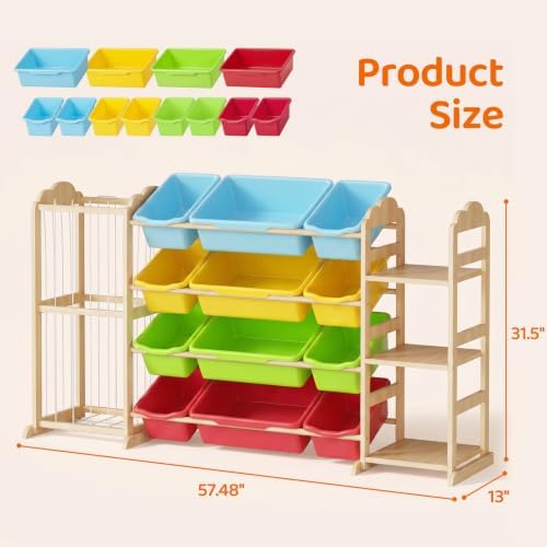 LAMU 3-in-1 Toy Organizer with Bookshelf, Stuffed Animal Storage with 12 Bins and 3 Shelves, Wooden Book Shelf for Playroom Kids Room Nursery Bedroom Living Room Decor, Multi-Colored