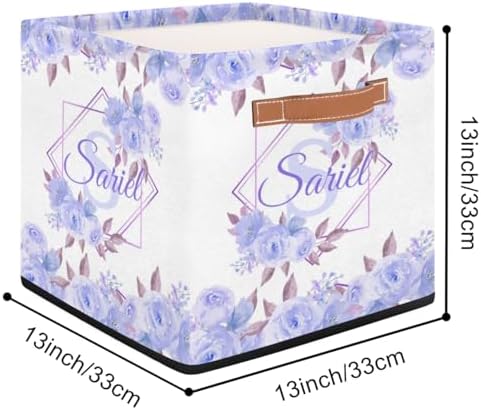 Personalized Storage-Baskets for Organizing,Foldable Storage-Bins with Handles Custom Cute Basket for Boys,Girls,Pet,Clothes,Blanket,Bedroom Nursery Toy Storage Gift,13 x13 x13 In, Floral Purple