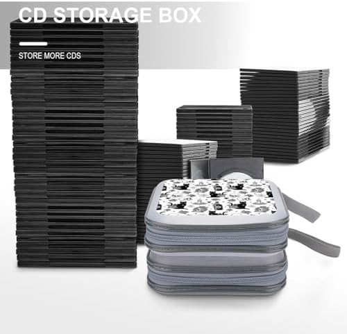 Portable Protective CD Holder Rose Skull Goth Black Cat, 40-Disc Hard Case with Zipper, Storage Binder for Music Movies Game Collections