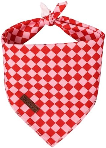 Red and Pink Plaid Dog Bandana–Red and Pink Checked Triangle Scarf for Small Medium Large Dogs, Soft Cotton Pet Bib for Dogs, Adjustable Dog Kerchief