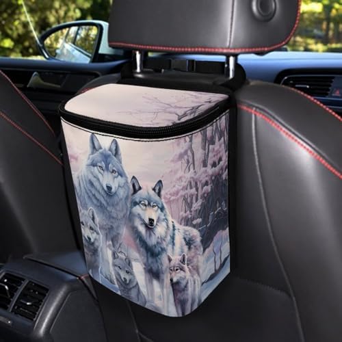 DISNIMO Family Wolf Car Trash Can Automotive Garbage Bags with Lid Leak Proof Auto Car Dustbin Vehicle Trash Bin Container Waste Basket Car Accessories for Cars SUV