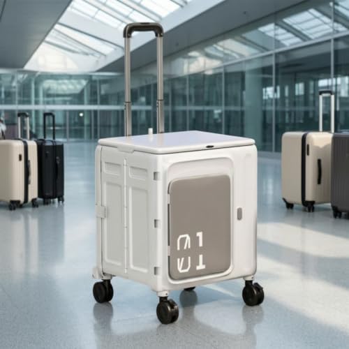 Rolling Crate with Lid Portable Foldable Rolling Crate Heavy-Duty Trolley with Lid for Camp, Journeyers, Camping, Outdoor Travel, Picnics, White Gray